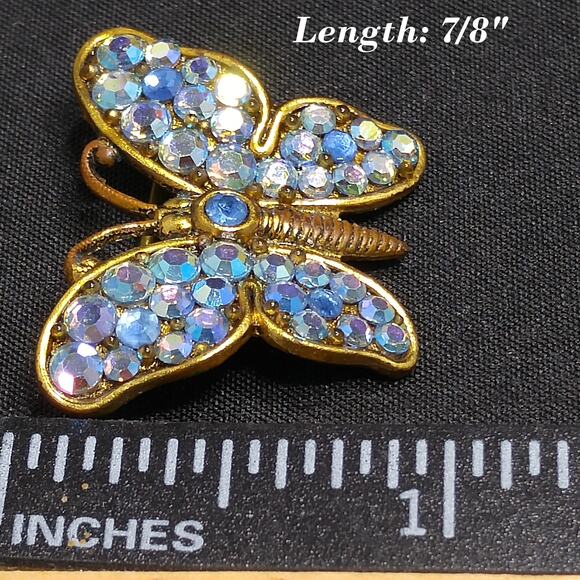 Vintage Small West Germany Butterfly Brooch, Blue AB Rhinestones - 1 1/8 Inch - Picture 6 of 10